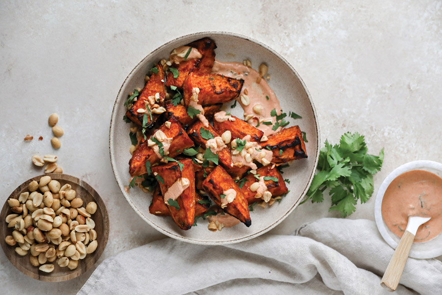 Red Thai Roasted Sweet Potatoes with Cilantro and Peanuts