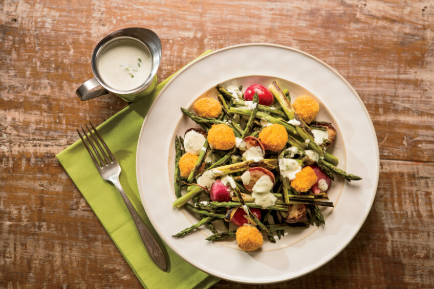 Charred Spring Vegetables with Creamy Scallion Dressing and Hushpuppy Croutons