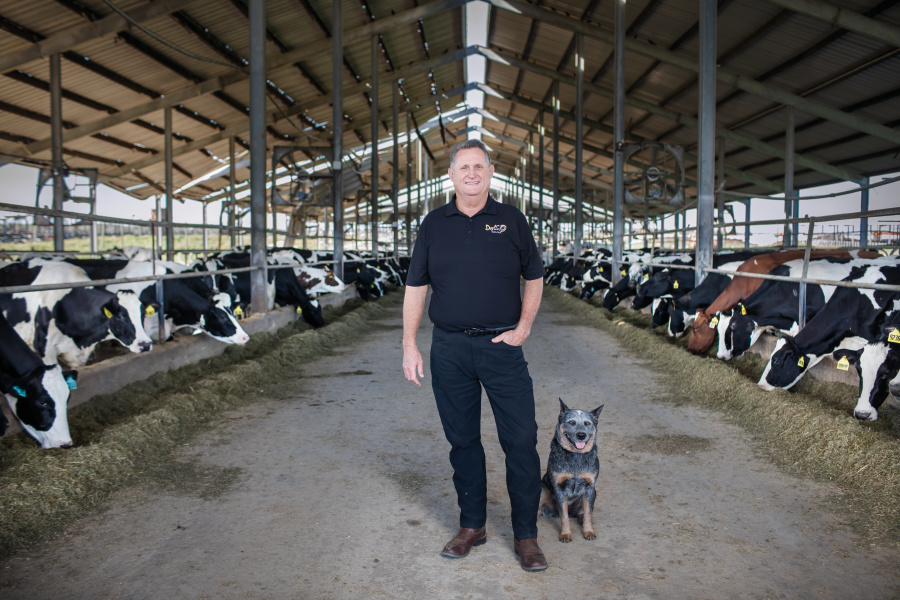 Jerry Dakin standing by his dairy cows and farm dog