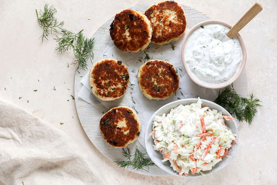 Blue Crab Cakes with Coleslaw and Citrus Dill Yogurt Sauce