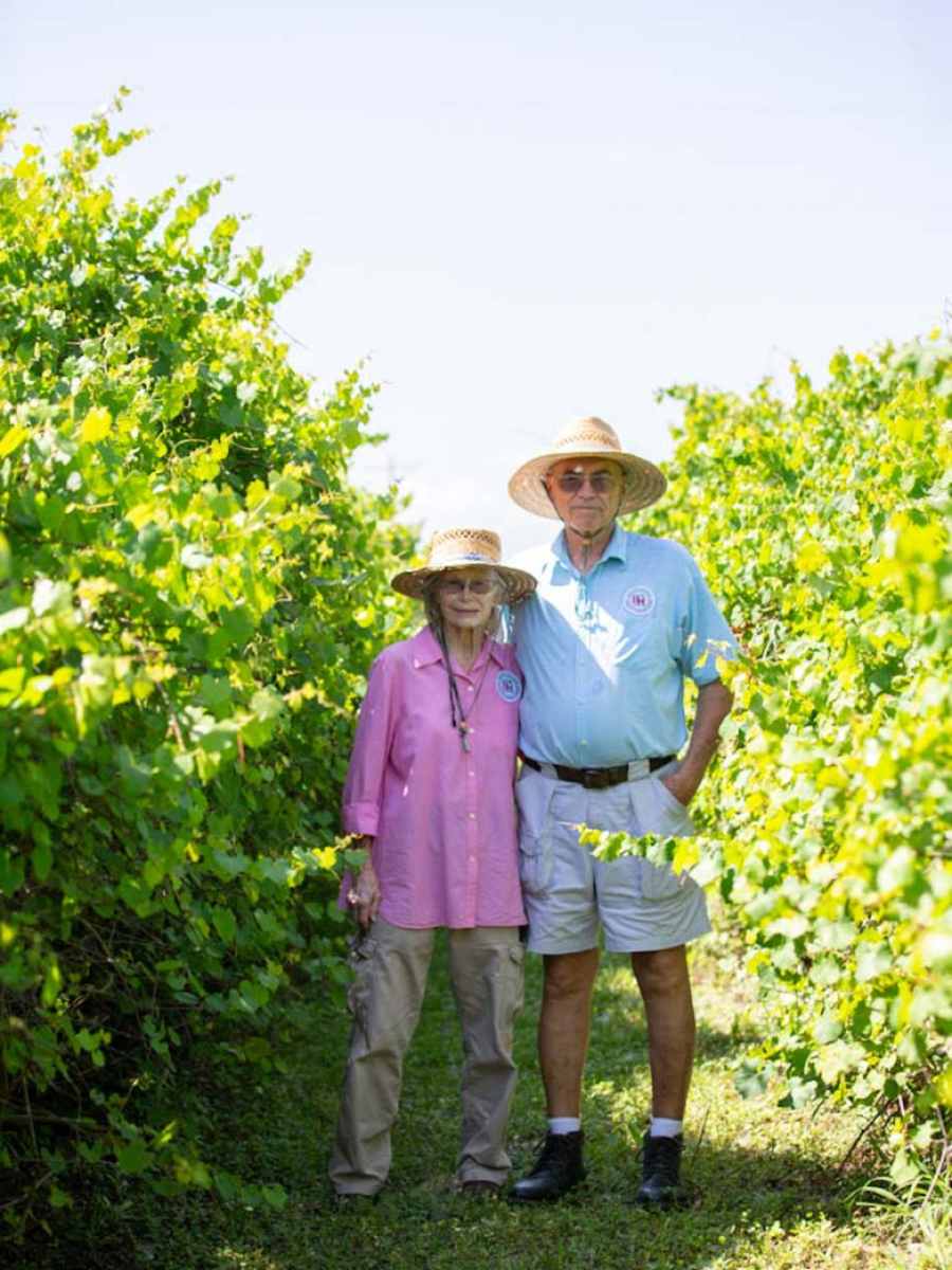 Larry and Lenora Woodham, owners of Bunker Hill Vineyard & Winery, standing among the grapevines 