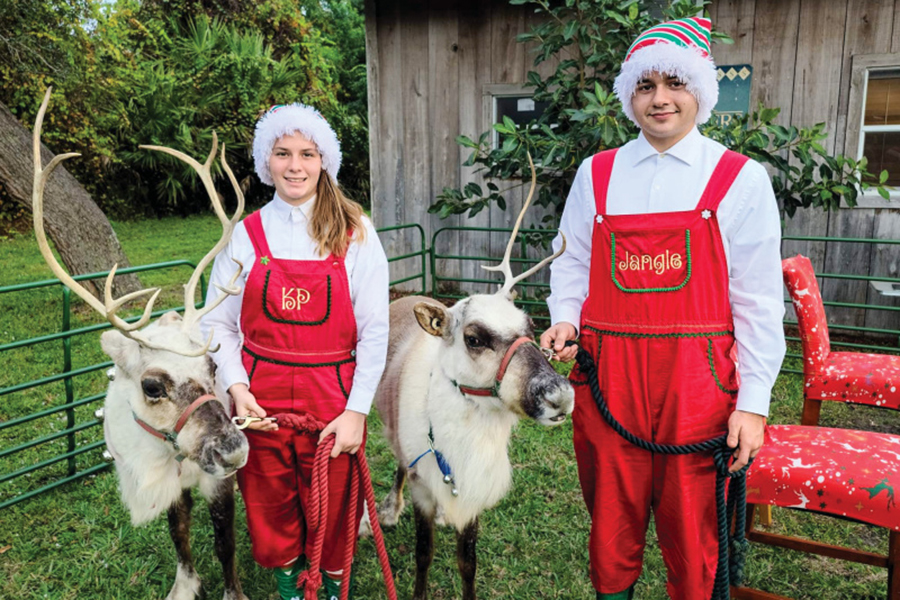 Workers dressed as Elvis with reindeer at Cowboy Christmas