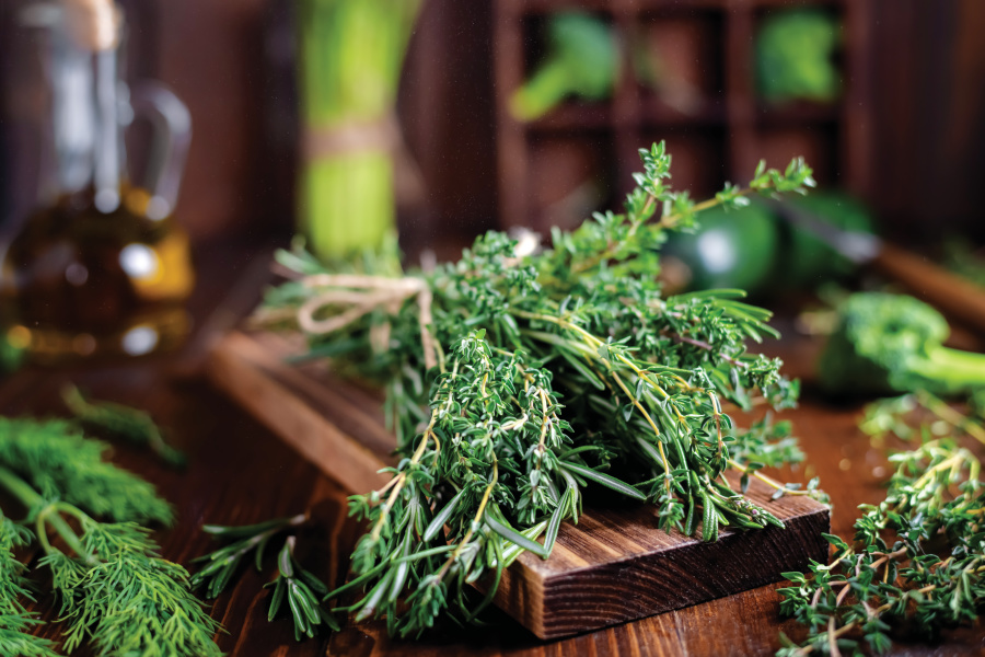 Herbs on a cutting board