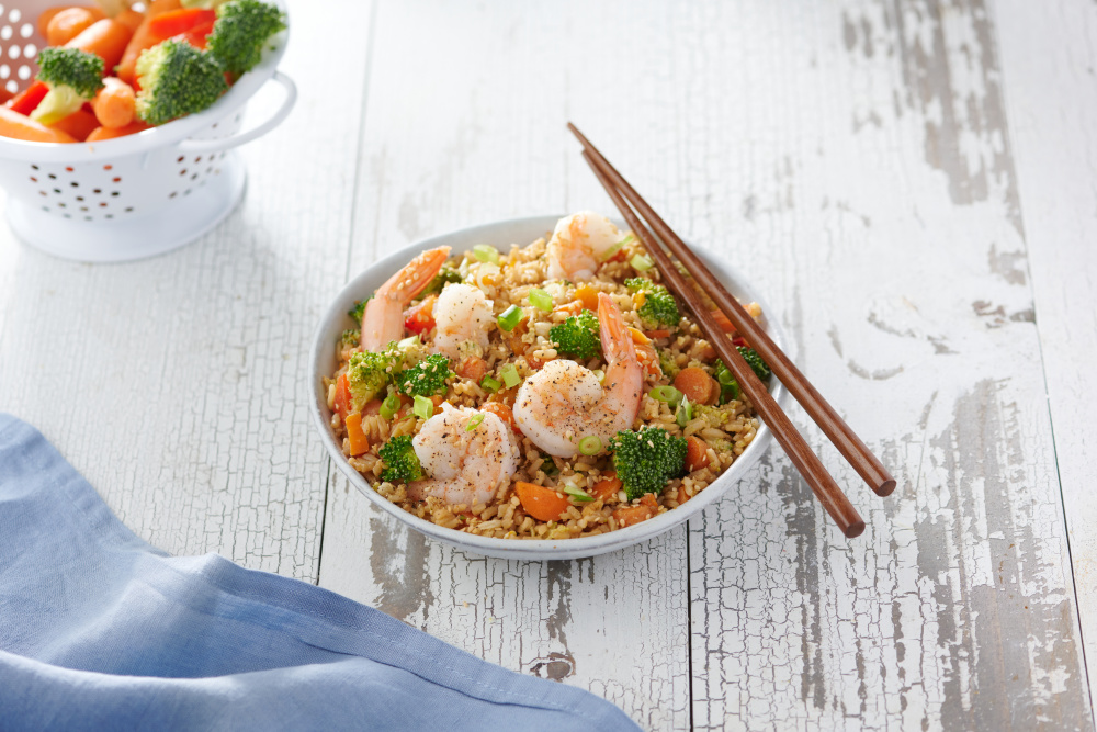 Seasonal Veggie Fried Rice with Grilled Shrimp